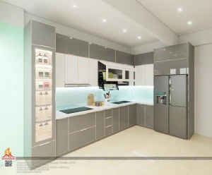 Mẫu tủ bếp inox cánh kính chữ L nhà chị Trang, Trần Đăng Ninh, Cầu Giấy