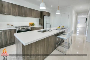 Mẫu tủ bếp laminate chữ I có đảo bếp sang trọng