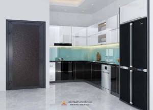 Mẫu tủ bếp thùng inox cánh kính nhà anh Tỵ, An Lão, Hải Phòng