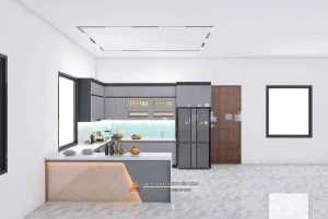 Thi công, bàn giao tủ bếp Inox cánh acrylic chữ U nhà anh Giáp, Quảng Ninh