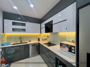 Thi công tủ bếp acrylic nhà anh Cường, chung cư Tecco, Thanh Trì