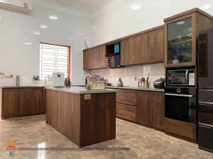 Thi công tủ bếp gỗ óc chó kết hợp bàn đảo nhà chú Thành, Thủy Nguyên, Hải Phòng