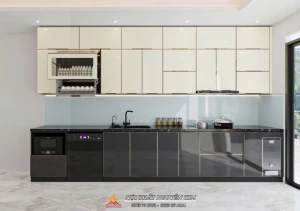 Thi công tủ bếp Inox cánh kính chữ I nhà chú Sơn, Cổ Loa, Đông Anh