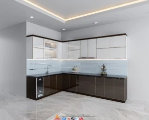 Thi công tủ bếp inox cánh kính chữ L nhà chị Trang, Thủy Nguyên, Hải Phòng