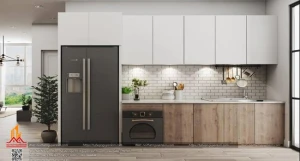 Thiết kế tủ bếp Laminate vân gỗ kết hợp cánh acrylic