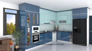 Tủ bếp acrylic bóng gương màu xanh dương kết hợp xanh ngọc nhà chị Thành, Bắc Giang