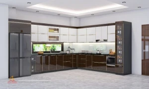 Tủ bếp cánh kính chữ L nhà anh Phong, Tràng Cát, Hải Phòng
