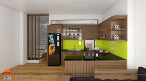 Tủ bếp chữ U chất liệu gỗ sồi nga có quầy bar nhà chị Ngọc, Gia Lâm 