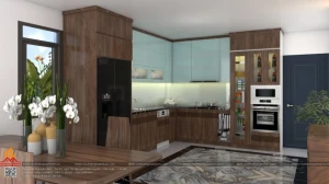 Tủ bếp gỗ óc chó kết hợp cánh acrylic xanh ngọc cao cấp