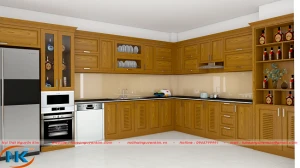 Tủ bếp gỗ sồi nga chữ L nhà chú Phúc, Nguyễn Xiển, Thanh Xuân