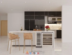 Tủ bếp inox cánh kính chữ I có bàn đảo nhà anh Kỷ, Hà Đông