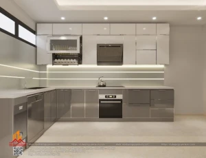 Tủ bếp inox cánh kính cường lực chữ L nhà chị Hiền, Đê La Thành