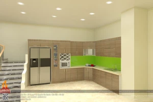 Tủ bếp Laminate chữ L vân gỗ tự nhiên hiện đại cho phòng bếp 