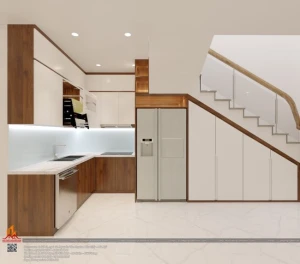 Tủ bếp melaimine chữ L sát cầu thang nhà chị Trang, Long Biên