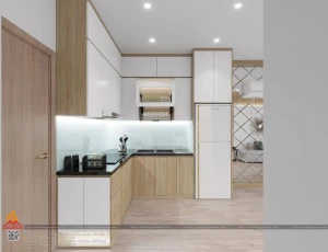 Tủ bếp melamine chữ L nhà chị Thùy Vinhome Smart City