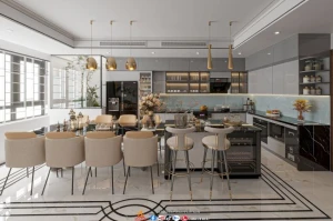 Tủ bếp melamine chữ L sơn inchem nhà chú Đức, Nam Từ Liêm, Hà Nội