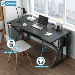 Bàn gaming, bàn làm việc có kệ lửng kèm phụ kiện giá đựng cốc và giá treo tai nghe tiện lợi