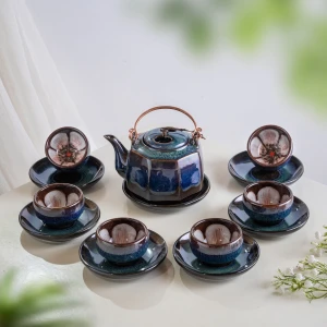 Ấm Trà Bát Tràng Bát Giác Men Hỏa Biến Lòng Hoa