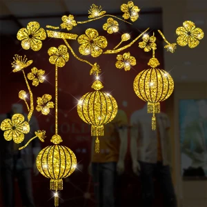Decal Tết Đèn Lồng Cành Mai Nhũ Vàng