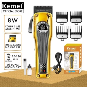 Tông đơ cắt tóc chuyên nghiệp Kemei KM-1825 lưỡi cắt mạ carbon DLC cao cấp có động cơ không chổi than màn hình LCD hiển thị công suất 8W