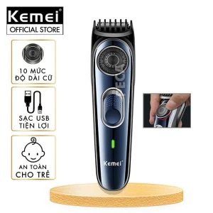 Tông đơ cắt tóc trẻ em Kemei KM-1256 cữ căn độ dài tóc điều chỉnh 10 mức, sạc USB dùng cho người mới tập cắt tóc - Hàng chính hãng