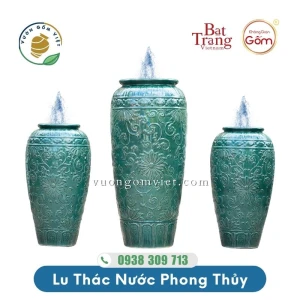 Bộ 3 lu nước phong thủy họa tiết hoa văn men màu Xanh Đậm