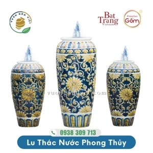 Bộ 3 lu nước phong thủy họa tiết hoa văn men màu Xanh - Vàng Đậm