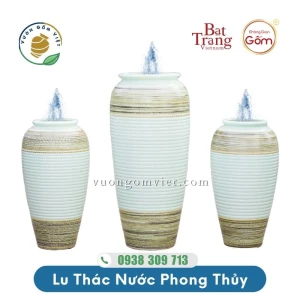 Bộ 3 lu nước phong thủy họa tiết Thổ Cẩm màu men Xanh Ngọc