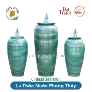 Bộ 3 lu nước phong thủy họa tiết vân kẻ ngang men màu Xanh Đậm