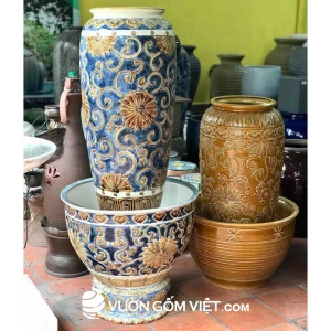 Bộ lu nước phong thủy hoa văn Xanh - Vàng