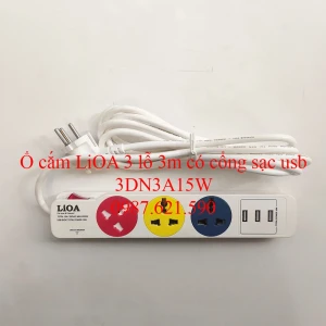 Ổ Cắm LiOA 3 Lỗ 3M 3DN3A15W Có Cổng Sạc USB 15W