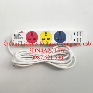 Ổ Cắm LiOA 3 Lỗ 3M 3DN4A2C15W Có Cổng Sạc USB 15W