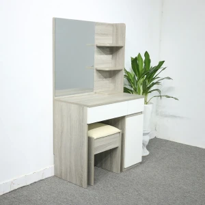 Bàn Phấn Gỗ Công Nghiệp 2 Ngăn Kéo Màu Xám Vân Gỗ Cửa Trắng Đẹp