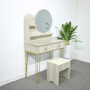 Bàn Trang Điểm Hàn Quốc Gỗ MDF Melamine Màu Sữa Chân Sắt 2 Ngăn Kéo Gương Tròn