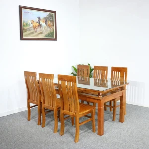 Bộ Bàn Ăn 2 Tầng 6 Ghế Gỗ Sồi Màu Cánh Gián