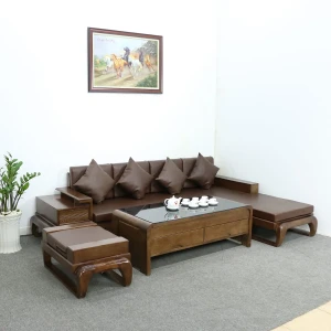 Bộ Bàn Ghế Sofa Đùi Gà Gỗ Sồi Nga Chữ L Màu Óc Chó Hiện Đại Đẹp Giá Rẻ