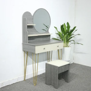 Bộ Bàn Trang Điểm Gỗ MDF Melamine Màu Vải Chân Sắt 2 Ngăn Kéo Gương Tròn