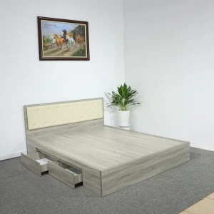 Giường Gỗ Có Ngăn Kéo Gỗ MDF Melamine Màu Xám Vân Gỗ Đầu Nệm Kem Đẹp Hiện Đại