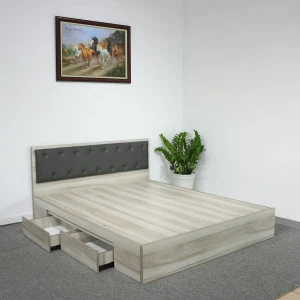 Giường Ngăn Kéo Gỗ Công Nghiệp Màu Xám Nhạt Vân Gỗ Đầu Nệm Đen Đẹp