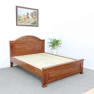 Giường Xoan Đào Gỗ Tự Nhiên Đầu Cong Chạm Hoa Văn Caro Cao Cấp