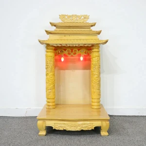 Mẫu Bàn Thờ Thần Tài Gỗ Pơ Mu Mái Chùa Có Đèn Bền Đẹp