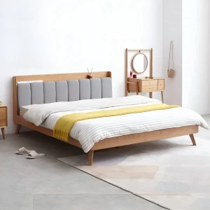 Mẫu Giường Gỗ Tự Nhiên Đẹp Kiểu Chân Cao Đầu Bọc Nỉ Hiện Đại