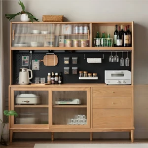 Tủ Chén Bằng Gỗ Đẹp Thiết Kế Cao Cùng Cửa Lùa Ốp Kính Bền Bỉ