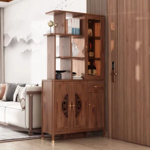 Tủ Rượu Vách Ngăn Phòng Khách Gỗ Tự Nhiên Cánh Chạy CNC Hiện Đại