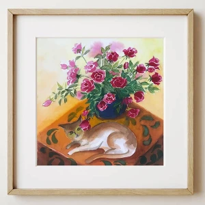 Tranh Màu Nước - Mèo Cam Và Hoa Hồng- ADC168
