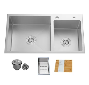 Chậu rửa bát 02 hố to, nhỏ kèm 01 rổ inox, 01 thớt AM 8282