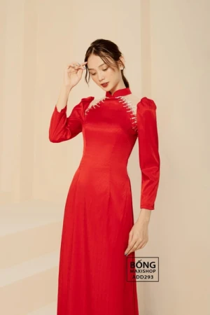 Áo dài cô dâu lụa vân gỗ tay nhún đỏ ADD293
