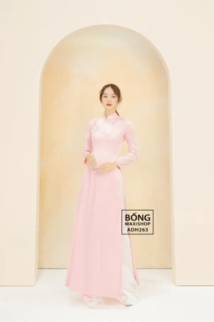 Áo dài cô dâu nữ gấm 4 tà hồng kết hoa trắng ADH263