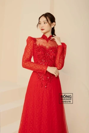 Áo dài cô dâu ren cườm đỏ lấp lánh ADD278