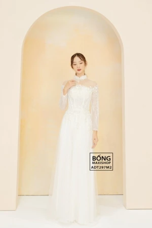 Áo dài cô dâu ren kim tuyến sọc cườm tim ADT297M2